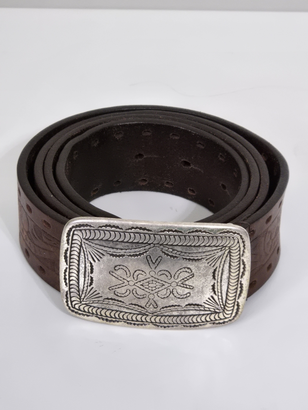 Cole Haan Vintage Leather Hand Tooled Western Belt with Silver Buckle